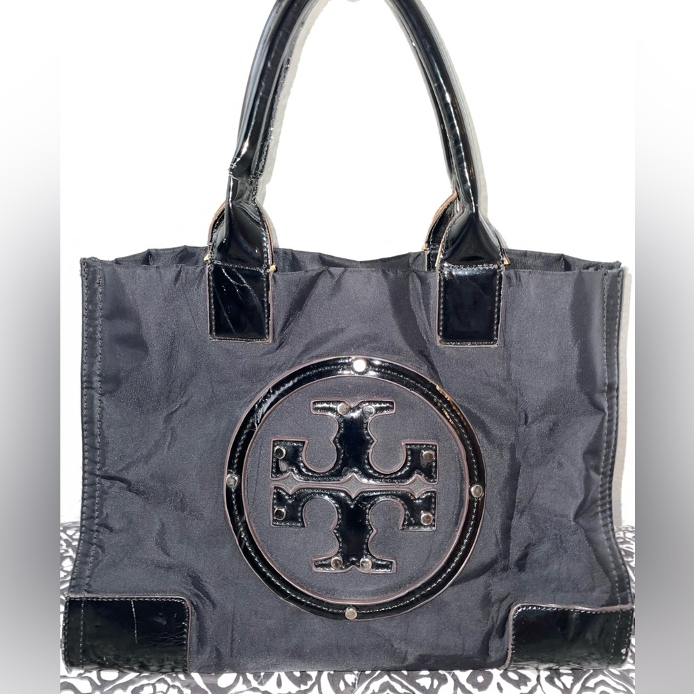 Tory Burch Ella Nylon|Patent Leather Black Tote